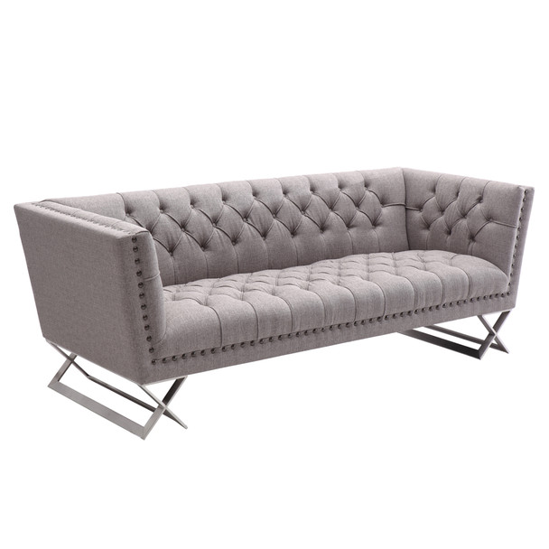 Armen Living Odyssey Sofa In Brushed Stainless Steel Finish With Grey Tweed And Black Nail Heads