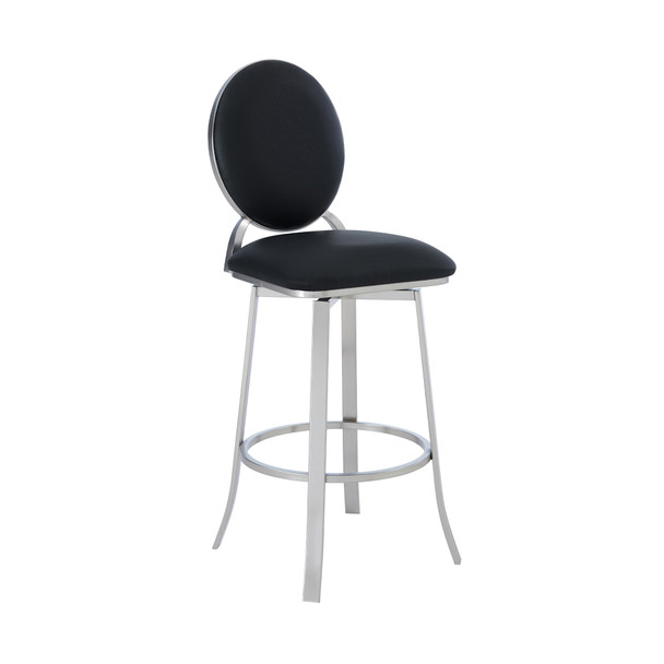 Pia Contemporary 30" Bar Height Barstool In Brushed Stainless Steel Finish And Black Faux Leather