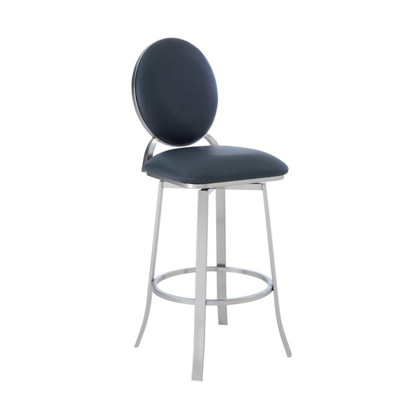 Pia Contemporary 26" Counter Height Barstool In Brushed Stainless Steel Finish And Grey Faux Leather