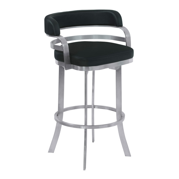 Armen Living Prinz 30" Bar Height Metal Swivel Barstool In Black Faux Leather With Brushed Stainless Steel Finish