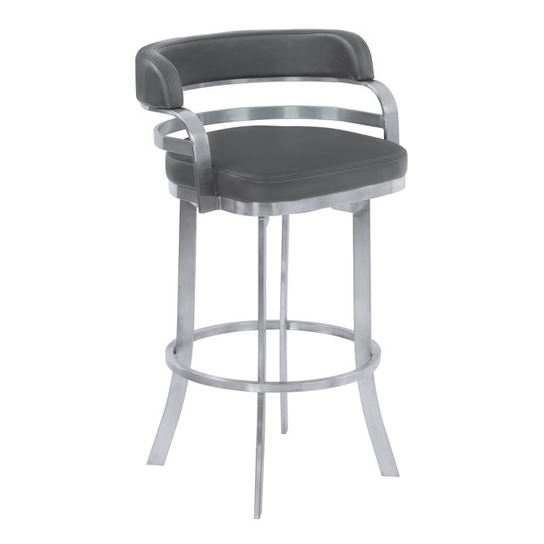 Armen Living Prinz 26" Counter Height Metal Swivel Barstool In Gray Faux Leather With Brushed Stainless Steel Finish