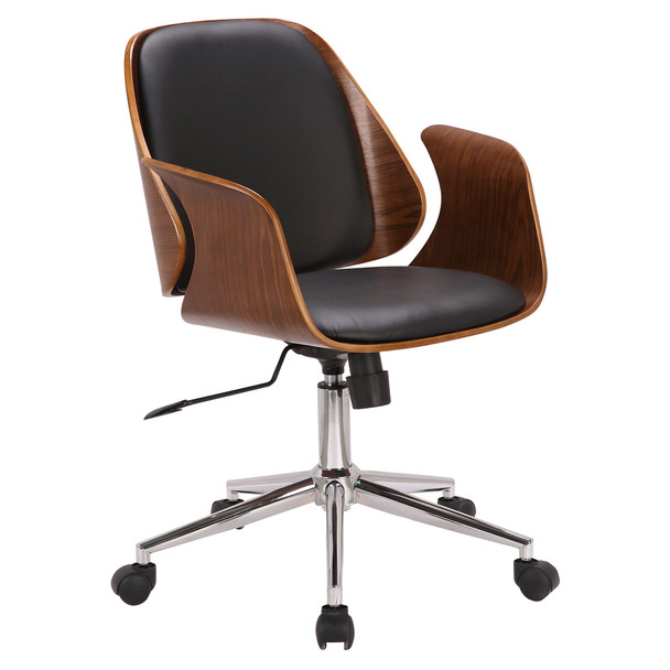 Armen Living Santiago Mid-century Office Chair In Black Faux Leather With Walnut Wood Finish