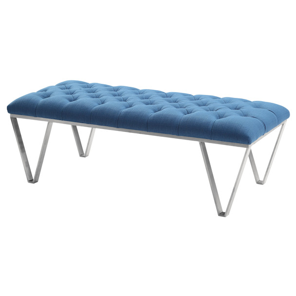 Armen Living Serene Contemporary Tufted Bench In Brushed Stainless Steel With Blue Fabric