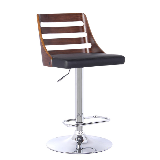 Armen Living Storm Barstool In Chrome Finish With Walnut Wood And Black Faux Leather