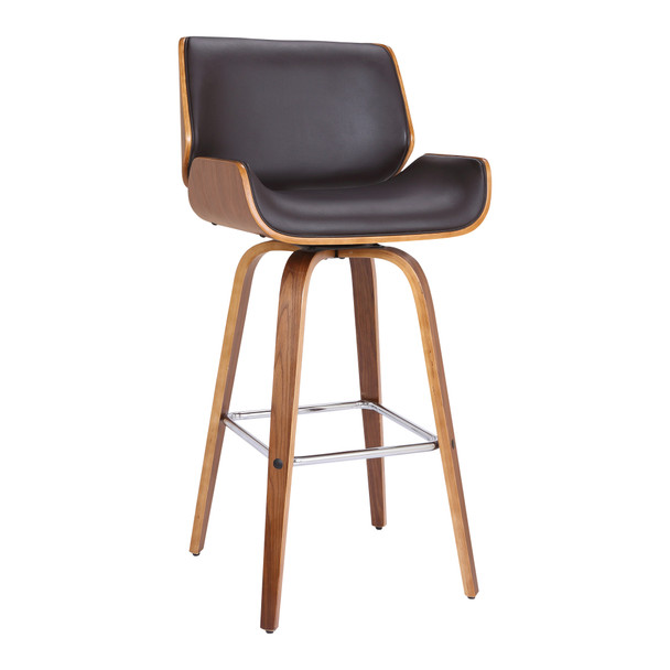 Armen Living Tyler 26" Mid-century Swivel Counter Height Barstool In Brown Faux Leather With Walnut Veneer
