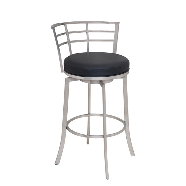 Armen Living Viper 30" Bar Height Swivel Barstool In Brushed Stainless Steel Finish With Black Faux Leather