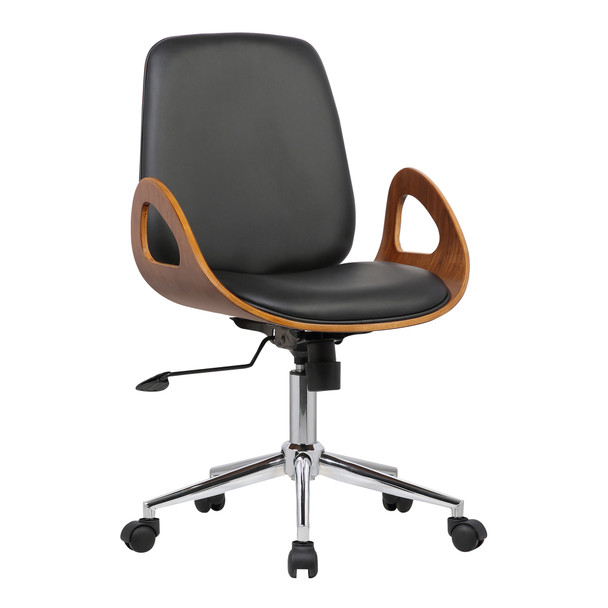 Armen Living Wallace Mid-century Office Chair In Chrome Finish With Black Faux Leather And Walnut Veneer Back