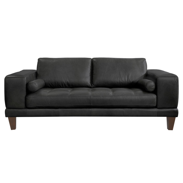 Armen Living Wynne Contemporary Loveseat In Genuine Black Leather With Brown Wood Legs
