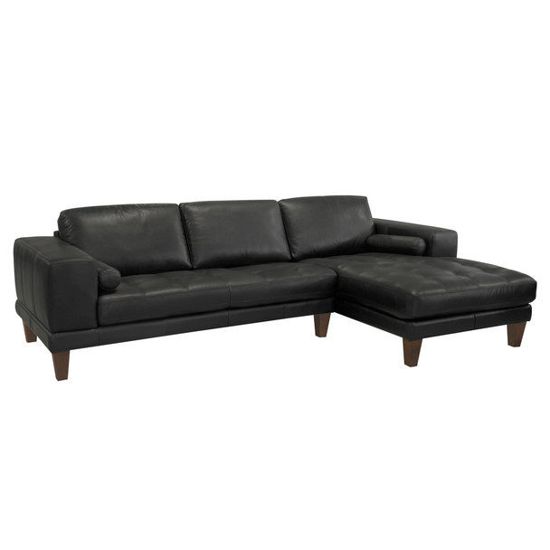 Armen Living Wynne Contemporary Sectional In Genuine Black Leather With Brown Wood Legs