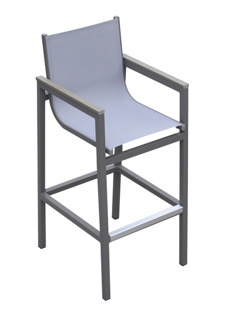 Armen Living Marina Outdoor Patio Barstool In Grey Powder Coated Finish With Grey Sling Textilene And Grey Wood Accent Arms