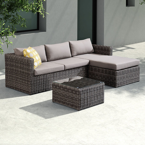 Armen Living Hagen 3 Piece Outdoor Rattan Sectional Chase Set With Brown Cushions And Modern Accent Pillows