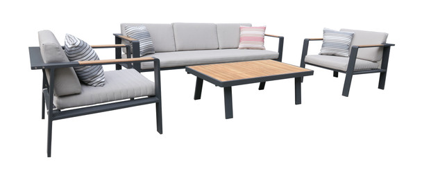 Armen Living Nofi 4 Piece Outdoor Patio Set In Charcoal Finish With Taupe Cushions And Teak Wood