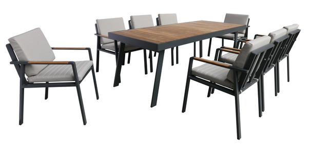 Armen Living Nofi Outdoor Patio Dining Set In Charcoal Finish With Taupe Cushions (table With 8 Chairs)