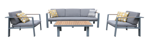 Armen Living Nofi 4 Piece Outdoor Patio Set In Gray Finish With Gray Cushions And Teak Wood