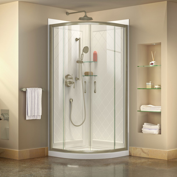 Dreamline Prime 38 In. X 38 In. X 76 3/4 In. H Sliding Shower Enclosure, Shower Base And Qwall-4 Acrylic Backwall Kit, Clear Glass - DL-6154-CL