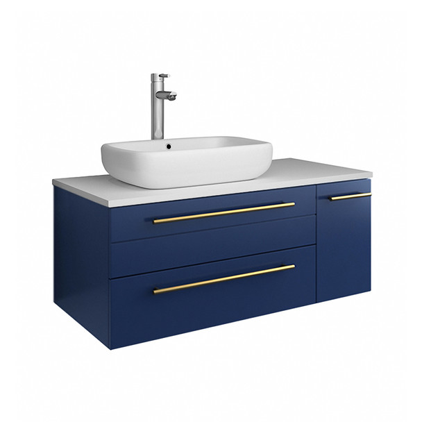 Fresca Lucera 36" Royal Blue Wall Hung Modern Bathroom Cabinet W/ Top & Vessel Sink - Left Version - FCB6136RBL-VSL-L-CWH-V