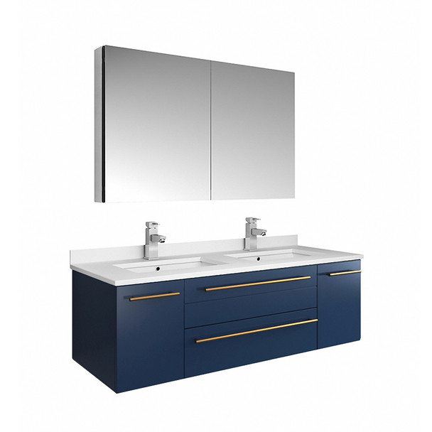 Fresca Lucera 48" Royal Blue Wall Hung Double Undermount Sink Modern Bathroom Vanity W/ Medicine Cabinet - FVN6148RBL-UNS-D