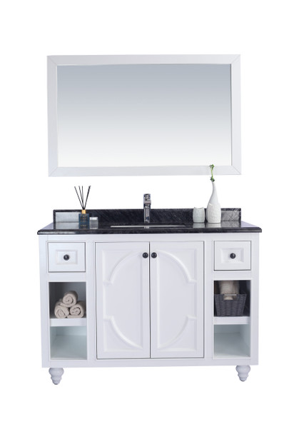 Odyssey - 48 - White Cabinet + Black Wood Marble Countertop