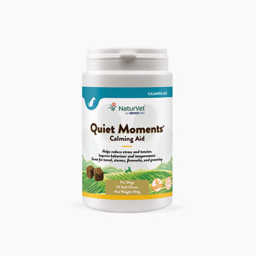 Quiet Moments calming chews for stressed dogs with natural ingredients.
