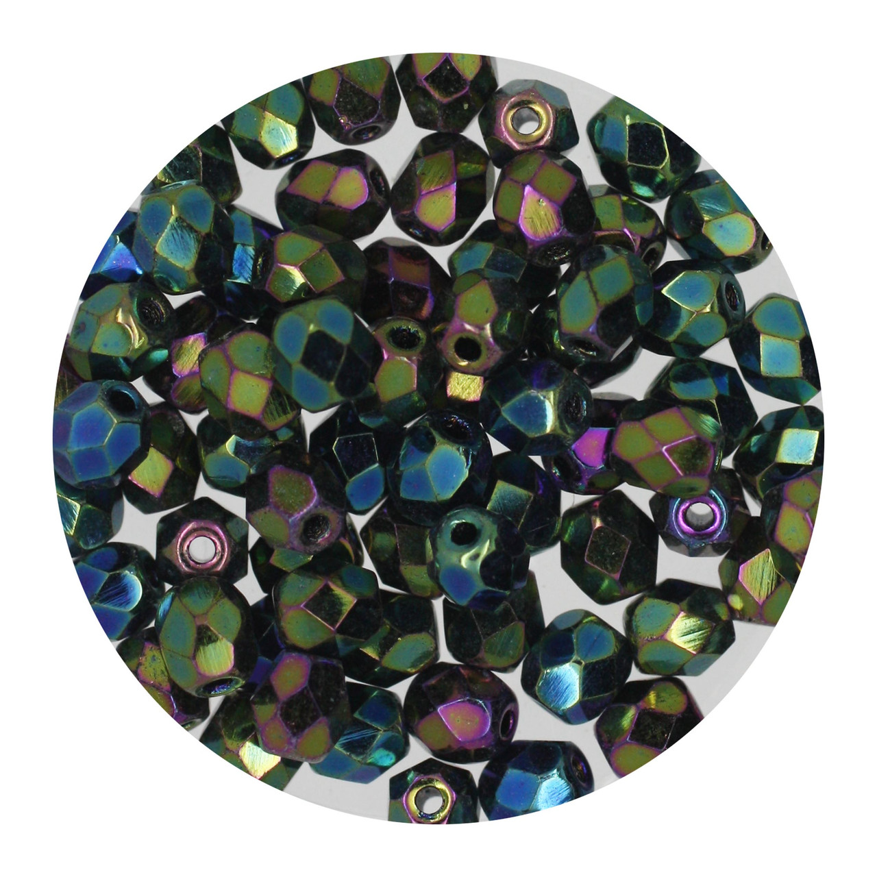 4mm Czech Fire Polished Beads Green Metallic Iris