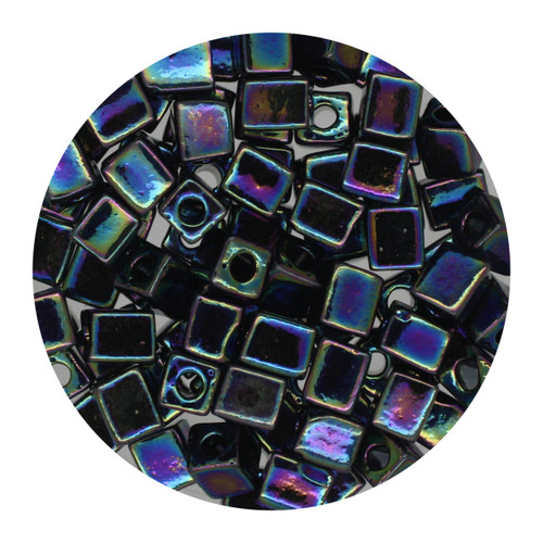 4mm Japanese Glass Cube Beads Blue/Black Metallic Rainbow