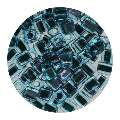4mm Japanese Glass Cube Beads Dark Green/Aqua Lined