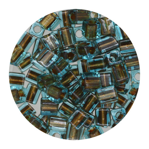 4mm Japanese Glass Cube Beads Gold/Aqua Blue Lined