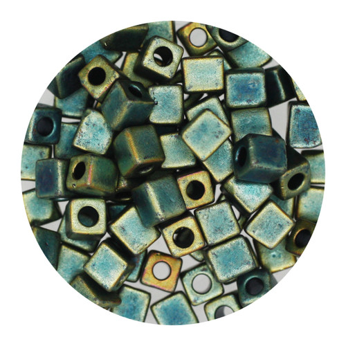 4mm Japanese Glass Cube Beads Green Metallic Rainbow