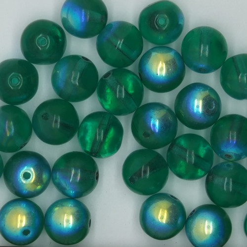 8mm Rainbow Glass Czech Beads Emerald Green