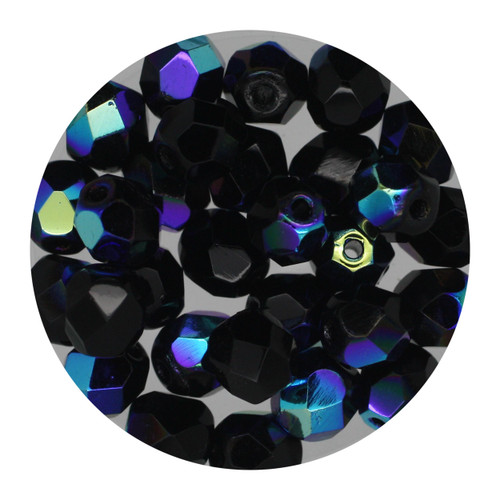 6mm Czech Fire Polished Beads Black Opaque Iris