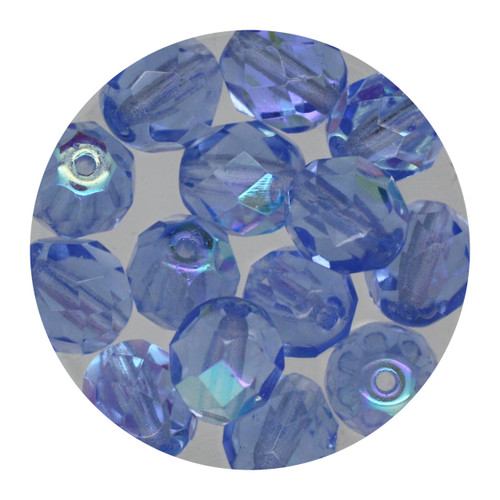8mm Czech Fire Polished Beads Light Sapphire Transparent Iris
