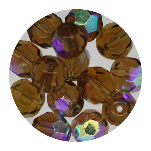 8mm Czech Fire Polished Beads Smoke Topaz Transparent Iris