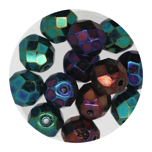 8mm Czech Fire Polished Beads Green Metallic Iris