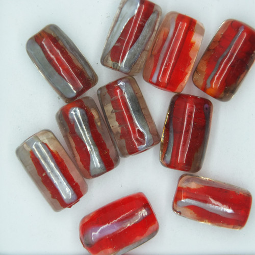 Glass Tube Beads Red Silver  Jewel Whisper 15mm pk/10