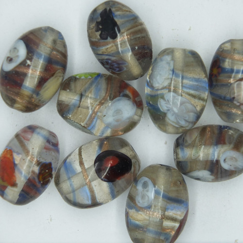 Glass Oval Beads Millefiore Flowers Transparent 12x18mm pk/10 Glass Oval Beads Millefiore Flowers Transparent 12x18mm pk/10