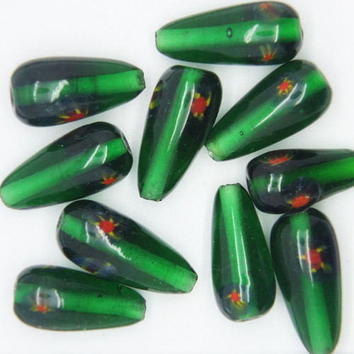 Glass Drop Beads Green w/ Flowers Transparent 20mm pk/10 Glass Drop Beads Green w/ Flowers Transparent 20mm pk/10
