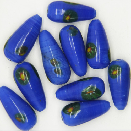 Glass Drop Beads Blue w/ Flowers Opaque 20mm pk/10 Glass Drop Beads Blue w/ Flowers Opaque 20mm pk/10