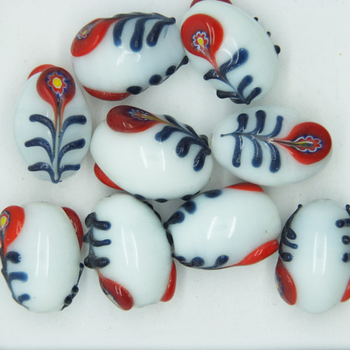 Glass Oval Beads White Red Silver Flower Opaque 12x18mm pk/10 Glass Oval Beads White Red Silver Flower Opaque 12x18mm pk/10