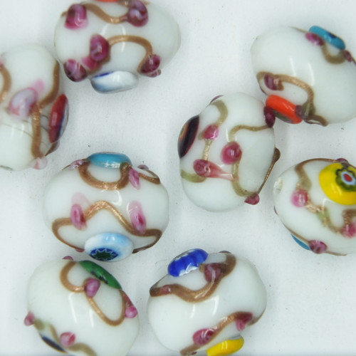 Glass Oval Beads White Gilded Millefiore Flower Opaque 12x18mm pk/10 Glass Oval Beads White Gilded Millefiore Flower Opaque 12x18mm pk/10