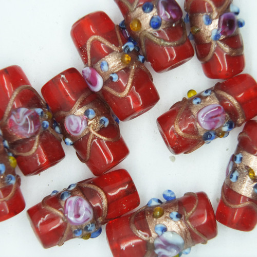 Glass Tube Beads Ruby Red Gilded Rose Swirl Transparent 22mm pk/10