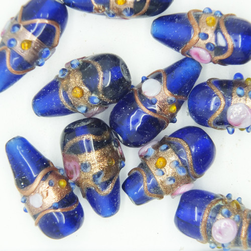 Glass Drop Beads Cobalt Blue Gilded Rose Swirl Transparent 20mm pk/10