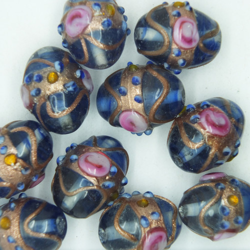 Glass Oval Beads Blue Gilded Rose Swirl Transparent 18mm pk/10
