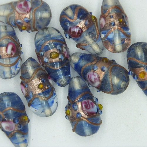 Glass Tube Beads Blue Gilded Rose Swirl Transparent 22mm pk/10