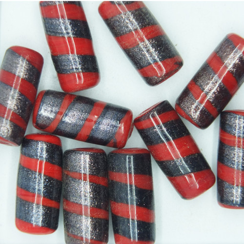 Glass Tube Beads Red Swirl Silver Gilded Opaque 25mm pk/10 Glass Tube Beads Red Swirl Silver Gilded Opaque 25mm pk/10