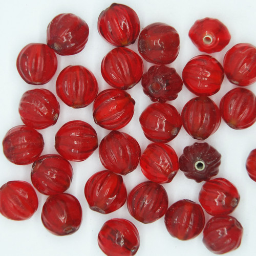 Glass Fluted Round Beads Ruby Red Transparent 9mm pk/30