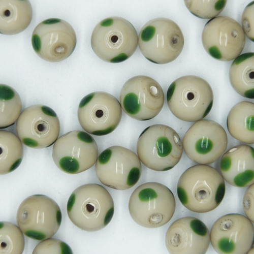 Glass Round Beads Bone Green Dot Opaque 8mm pk/30