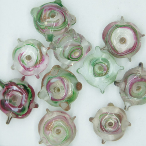 Glass Quad Point Pillow Beads Pink Green Gold Swirl Transparent 12mm pk/10 Glass Quad Point Pillow Beads Pink Green Gold Swirl Transparent 12mm pk/10