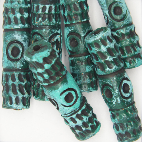 Textured Pole Teal Glazed Clay Beads pk/6 Textured Pole Teal Glazed Clay Beads pk/6