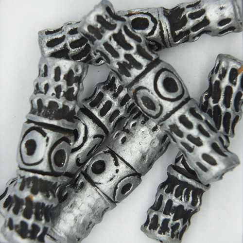 Textured Pole Silver Glazed Clay Beads pk/6 Textured Pole Silver Glazed Clay Beads pk/6
