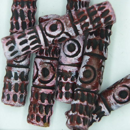 Textured Pole Pink Glazed Clay Beads pk/6 Textured Pole Pink Glazed Clay Beads pk/6